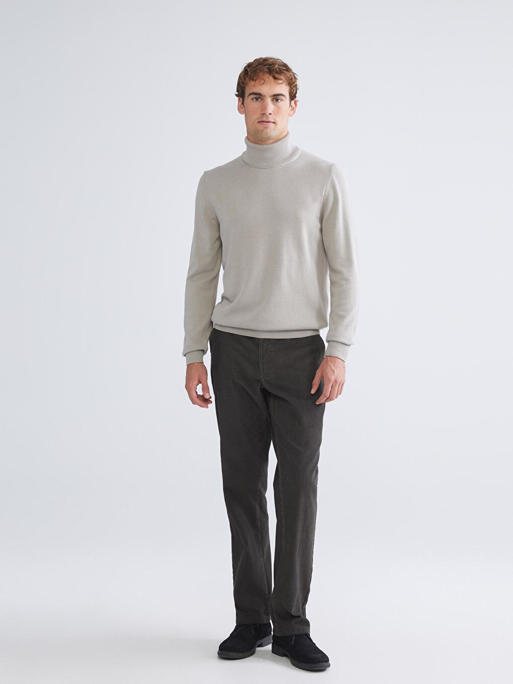 Bej Balıkçı Yaka Uzun Kollu Erkek Triko Kazak-1