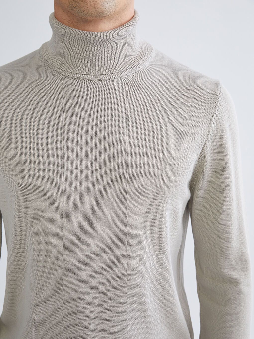 Bej Balıkçı Yaka Uzun Kollu Erkek Triko Kazak-2