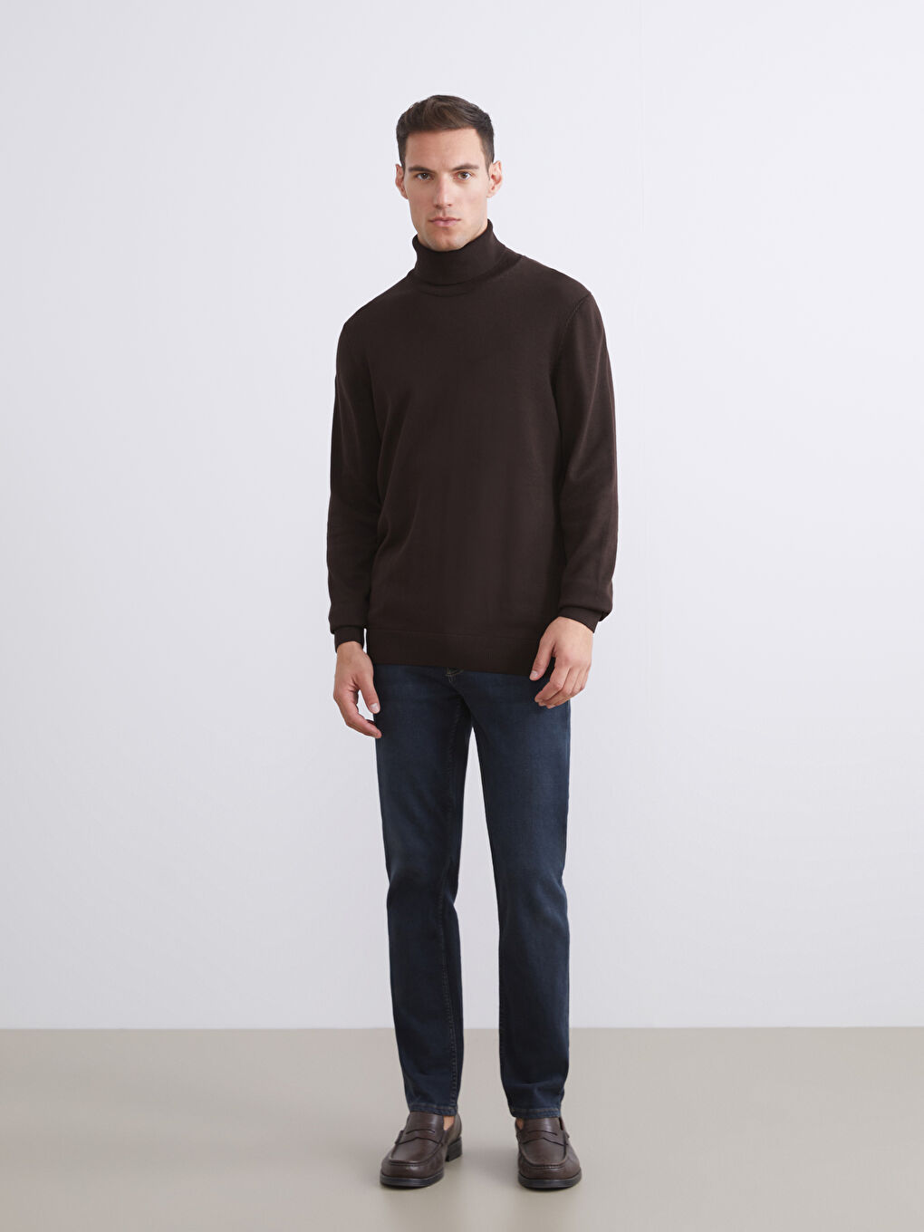 Kahverengi Balıkçı Yaka Uzun Kollu Erkek Triko Kazak-1