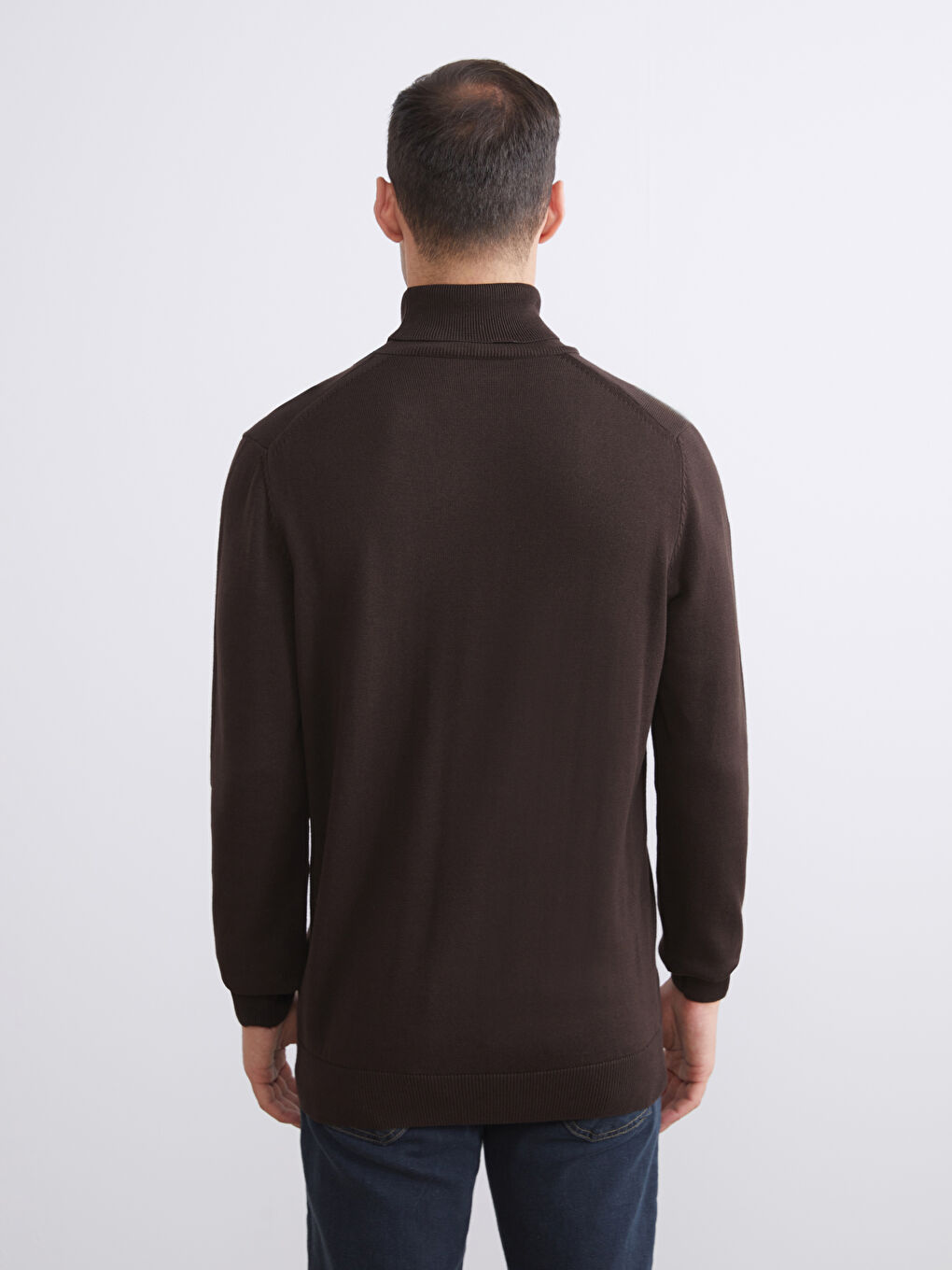 Kahverengi Balıkçı Yaka Uzun Kollu Erkek Triko Kazak-3