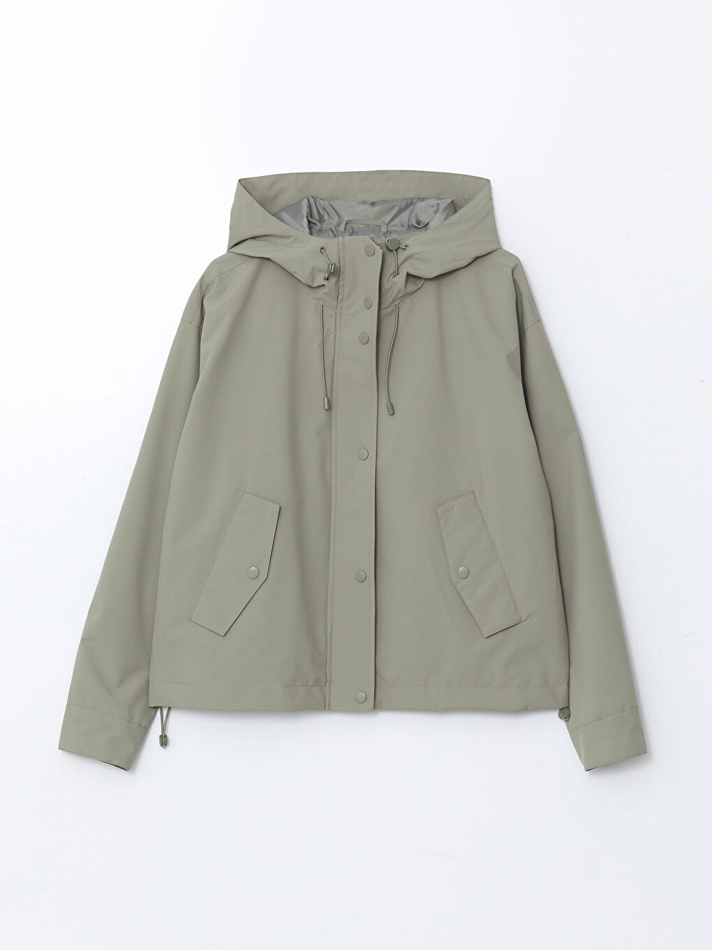 Haki Kapüşonlu Oversize Deri Görünümlü Kadın Yağmurluk-5