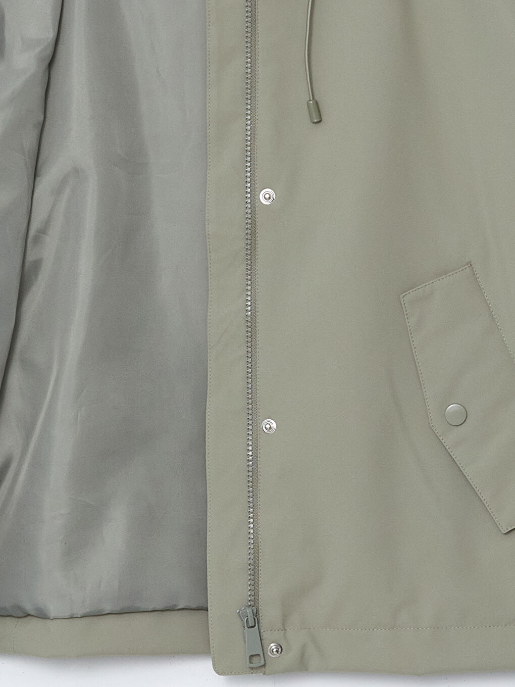 Haki Kapüşonlu Oversize Deri Görünümlü Kadın Yağmurluk-7