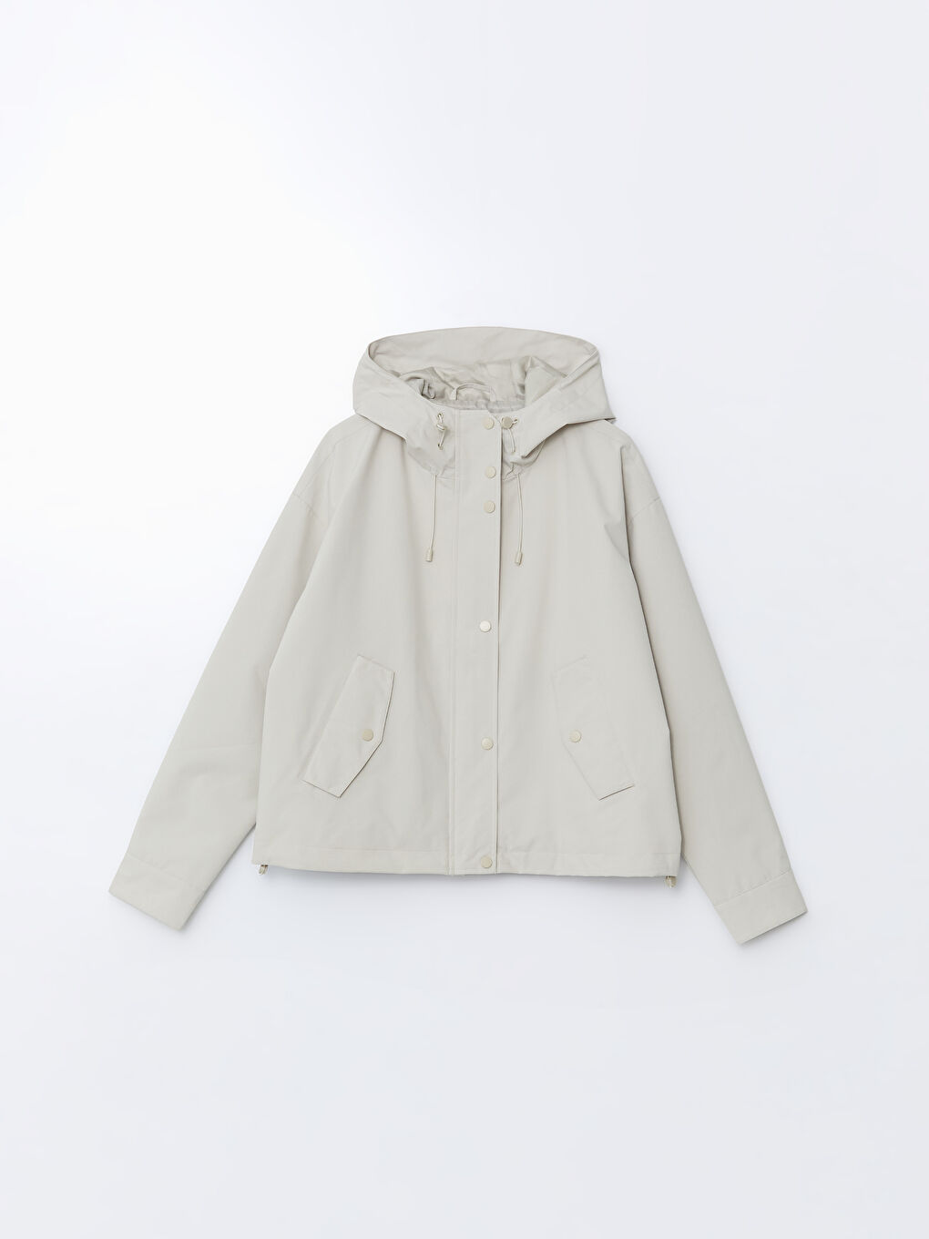 Bej Kapüşonlu Oversize Deri Görünümlü Kadın Yağmurluk-5