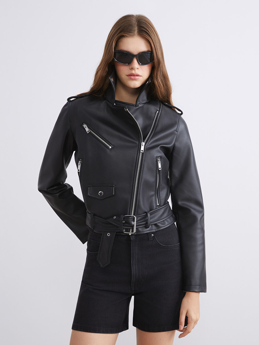 XSIDE Biker Neck Women's Faux Leather Jacket -W55509Z8-CVL
