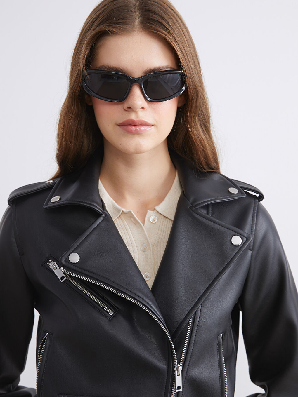 XSIDE Biker Neck Women's Faux Leather Jacket -W55509Z8-CVL