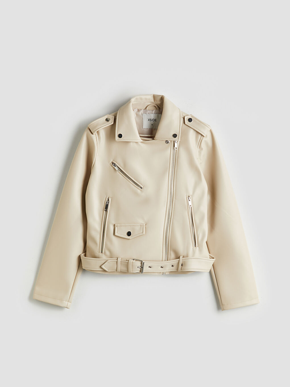 Ekru Biker Yaka Kadın Deri Görünümlü Ceket-5