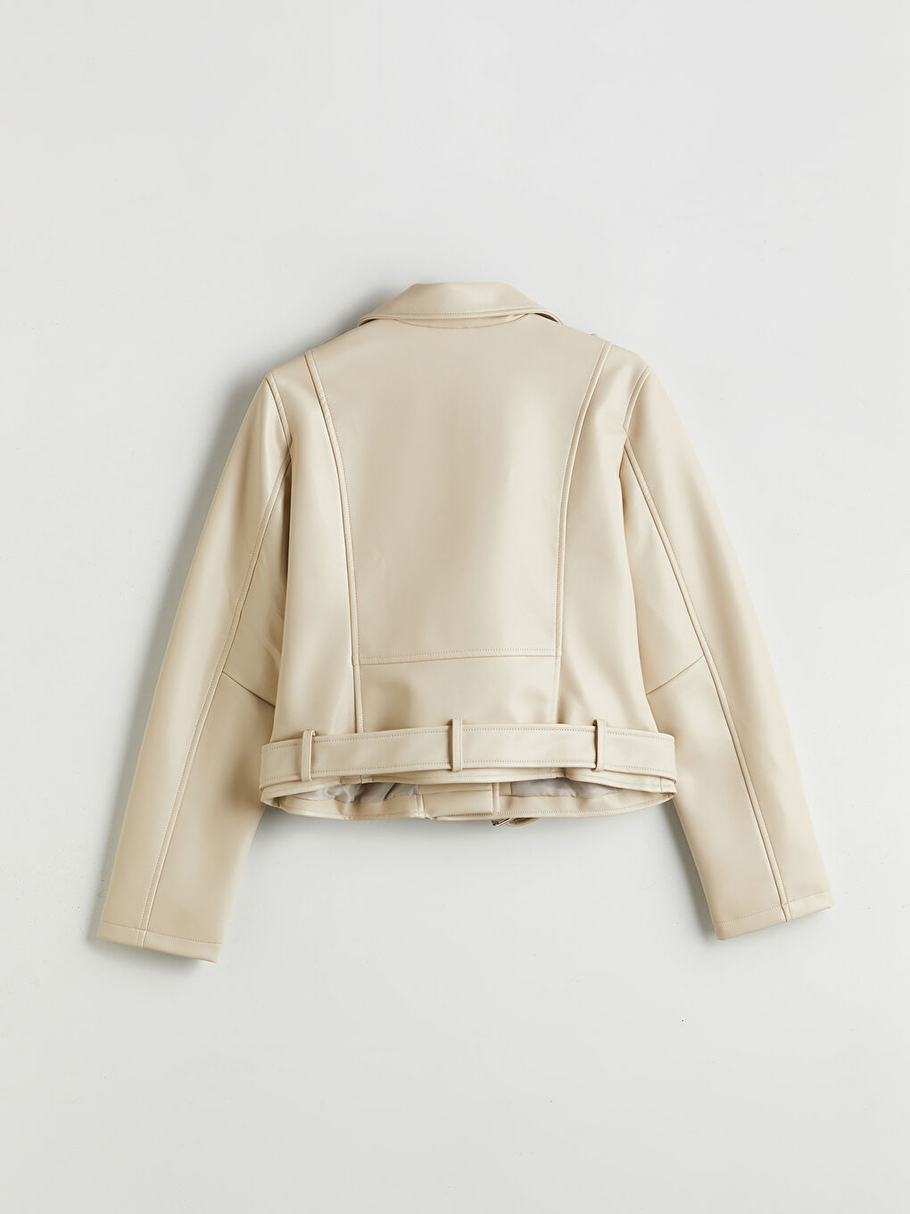Ekru Biker Yaka Kadın Deri Görünümlü Ceket-6