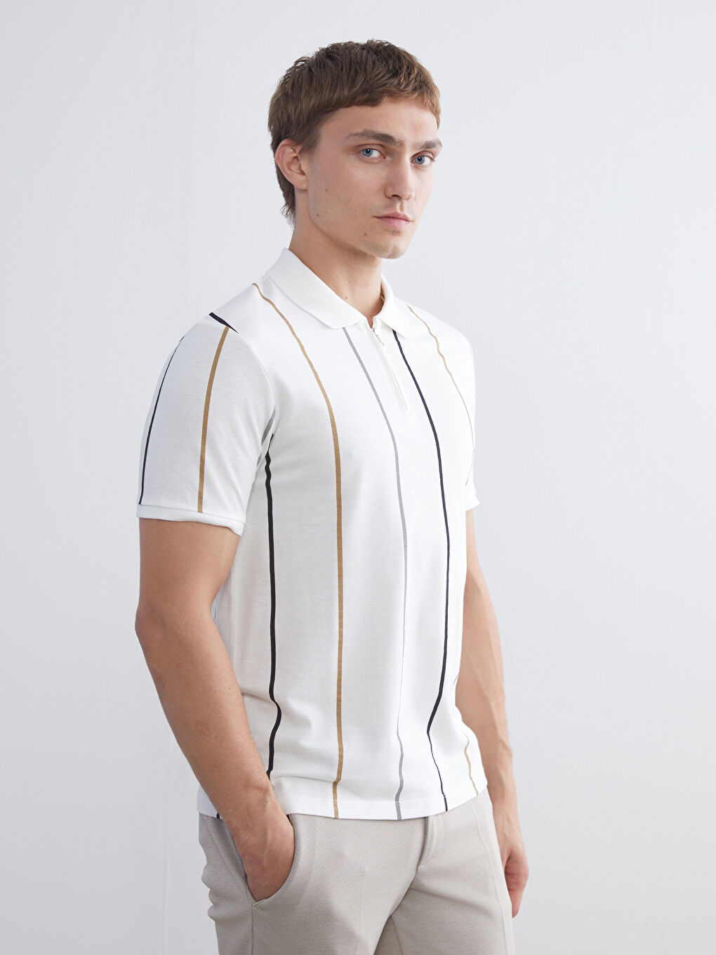 Polo Neck Short Sleeve Striped Pique Men's T-Shirt-1