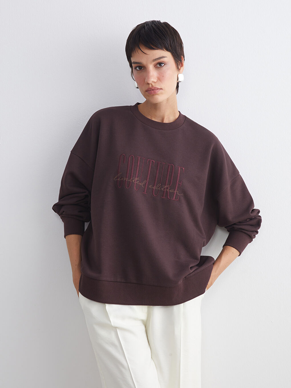 LCW Vision Crew Neck Embroidered Oversize Women's Sweatshirt -W55569Z8-JR3