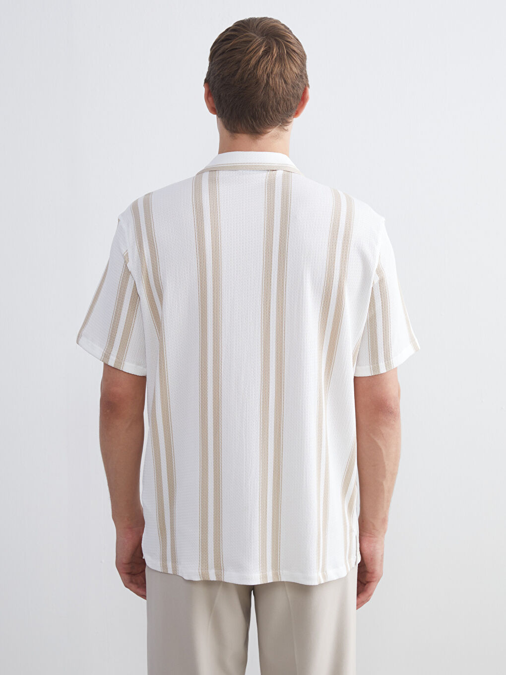 Bej Regular Fit Kısa Kollu Çizgili Armürlü Erkek Gömlek-3