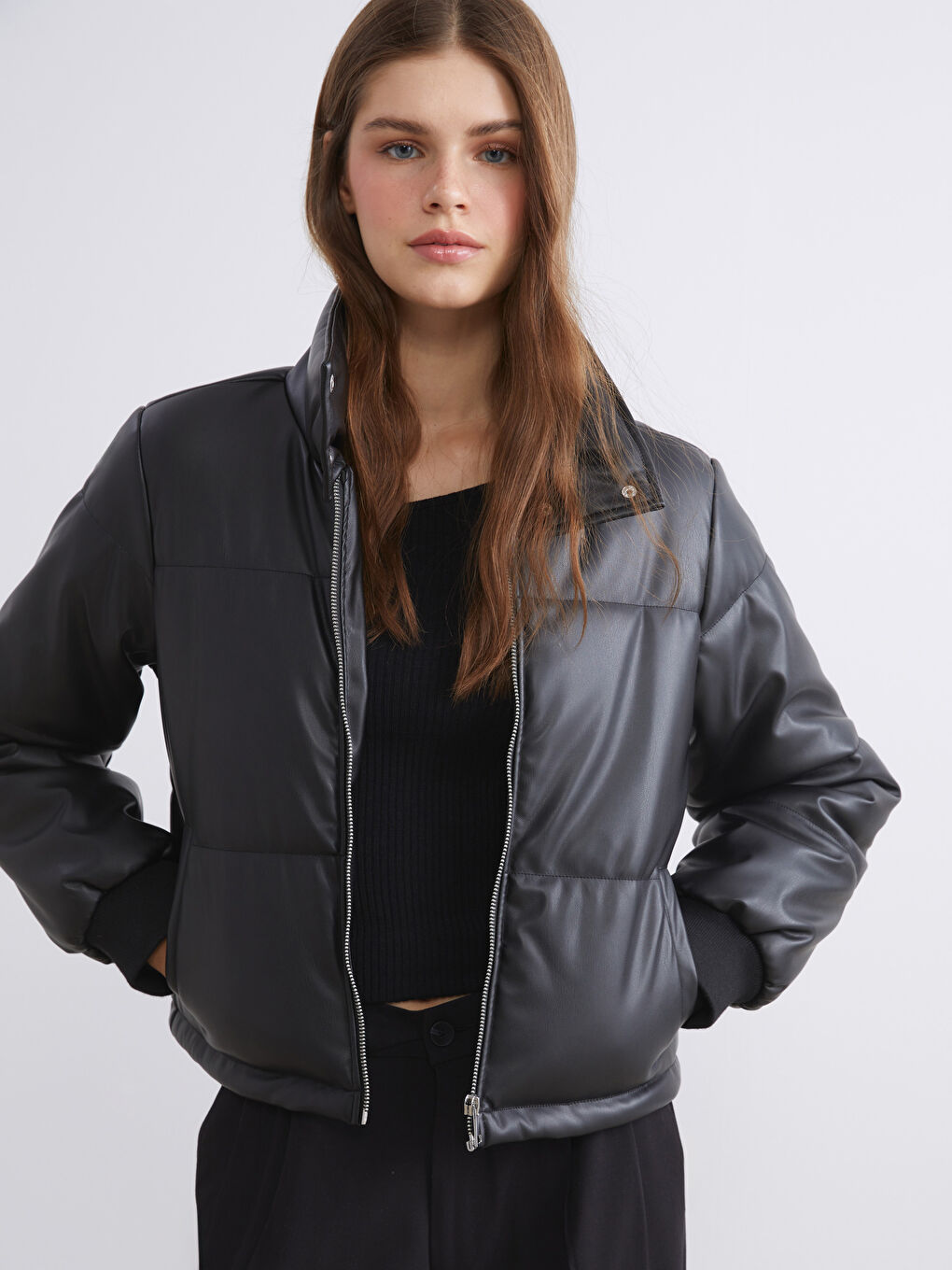 Funnel Neck Women's Faux Leather Coat
