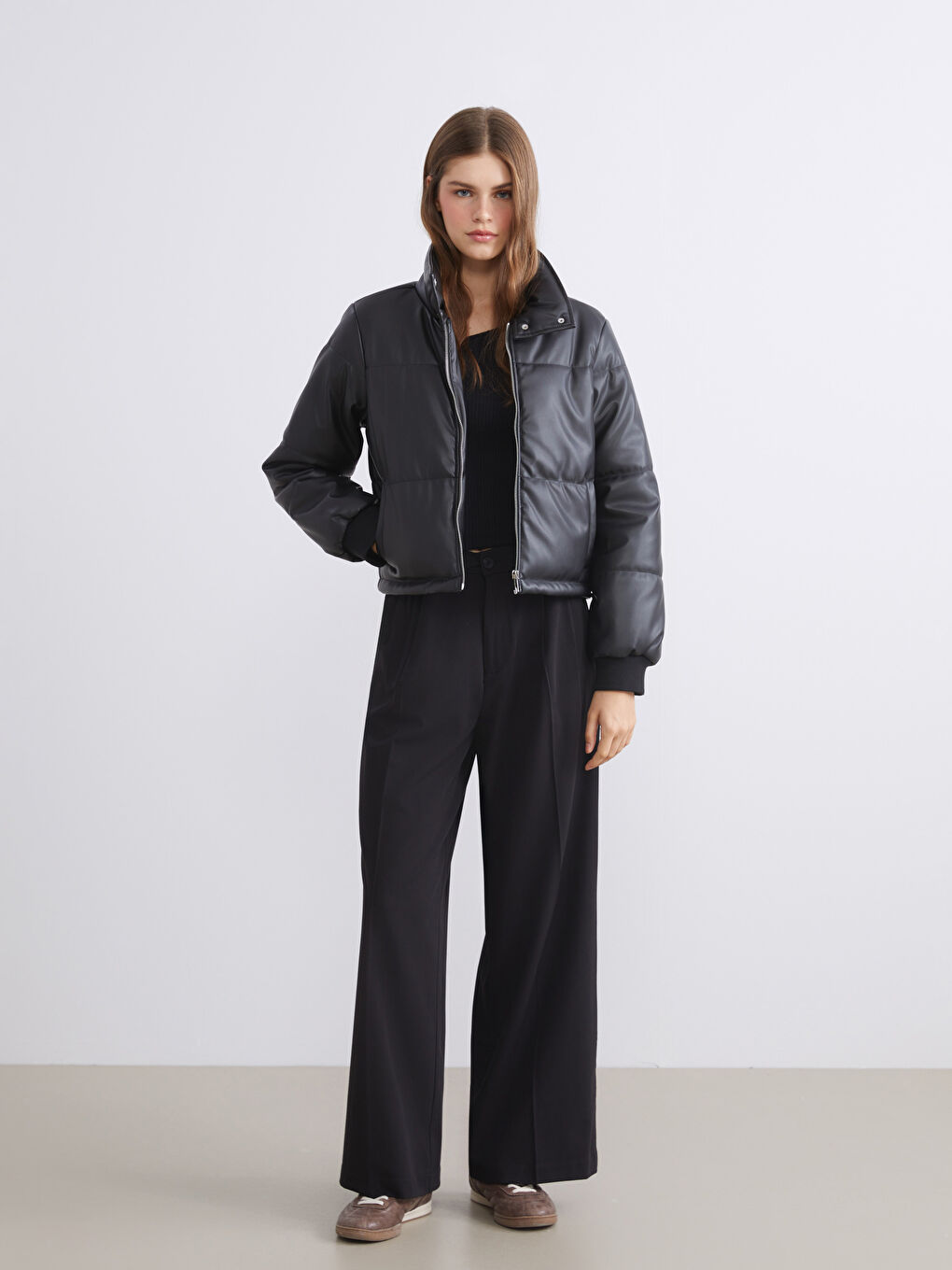 Funnel Neck Women's Faux Leather Coat-1