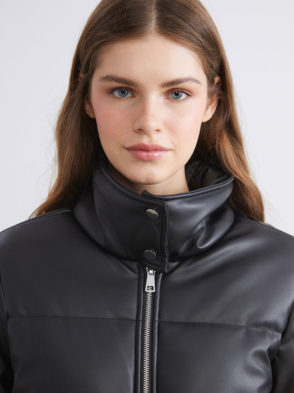 Funnel Neck Women's Faux Leather Coat-2
