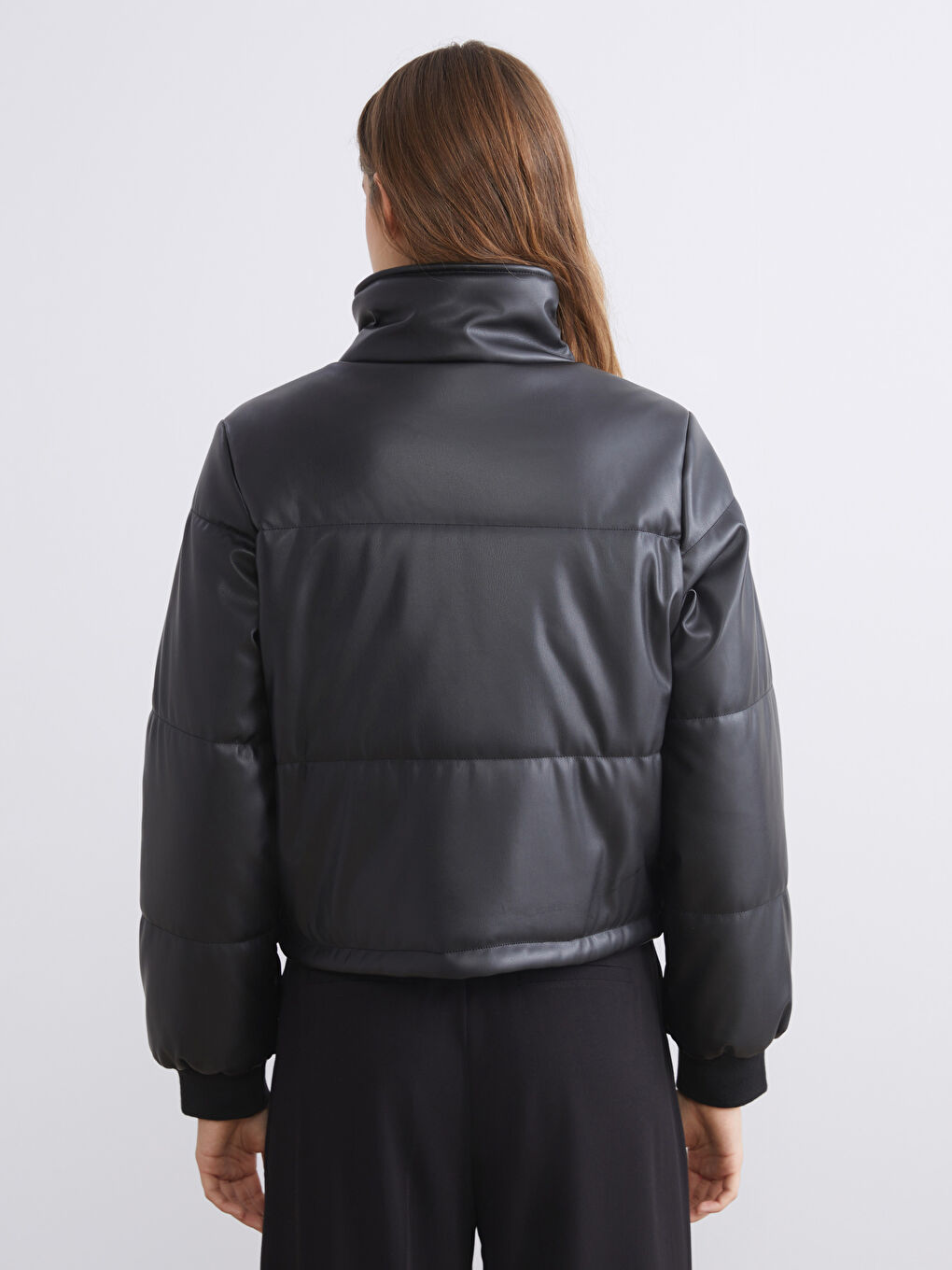 Funnel Neck Women's Faux Leather Coat-4