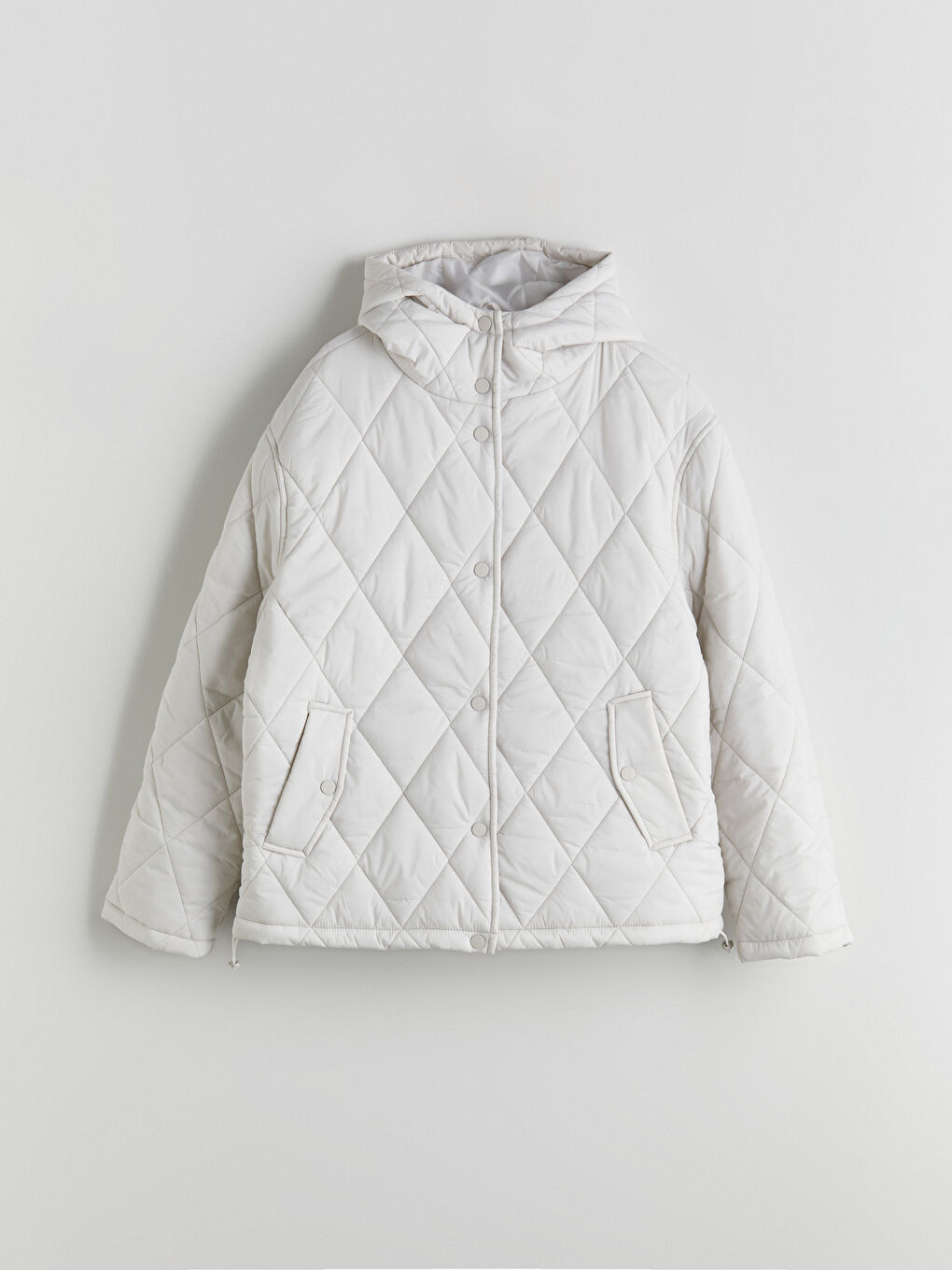 Ekru Kapüşonlu Kapitone Oversize Kadın Şişme Mont-5