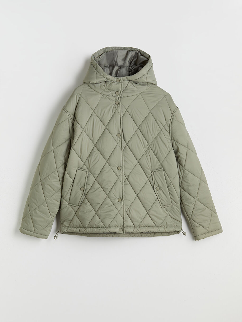 Haki Kapüşonlu Kapitone Oversize Kadın Şişme Mont-5