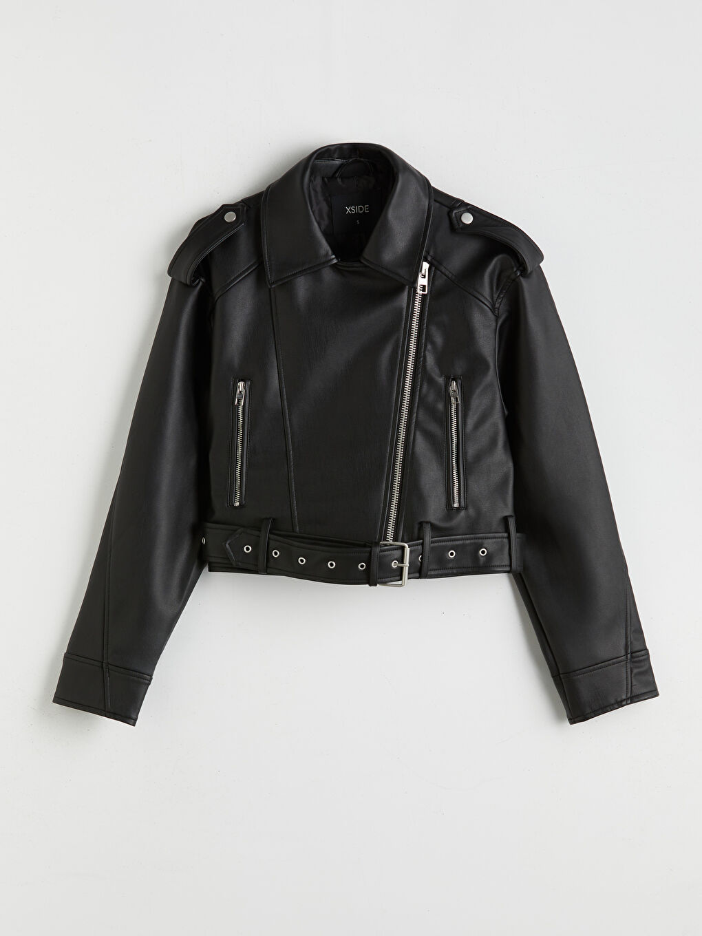 Biker Neck Crop Women's Faux Leather Jacket-5