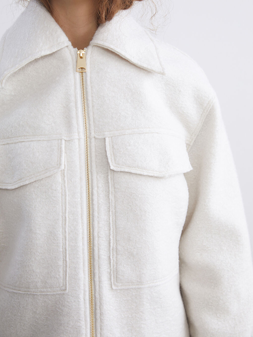 Ekru Gömlek Yaka Kadın Kaşe Ceket-2