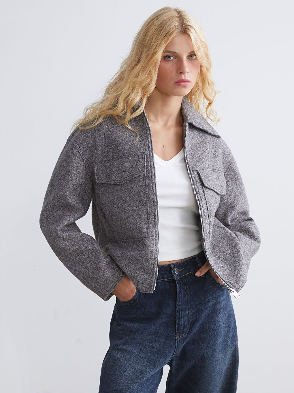 Antrasit Gömlek Yaka Kadın Kaşe Ceket