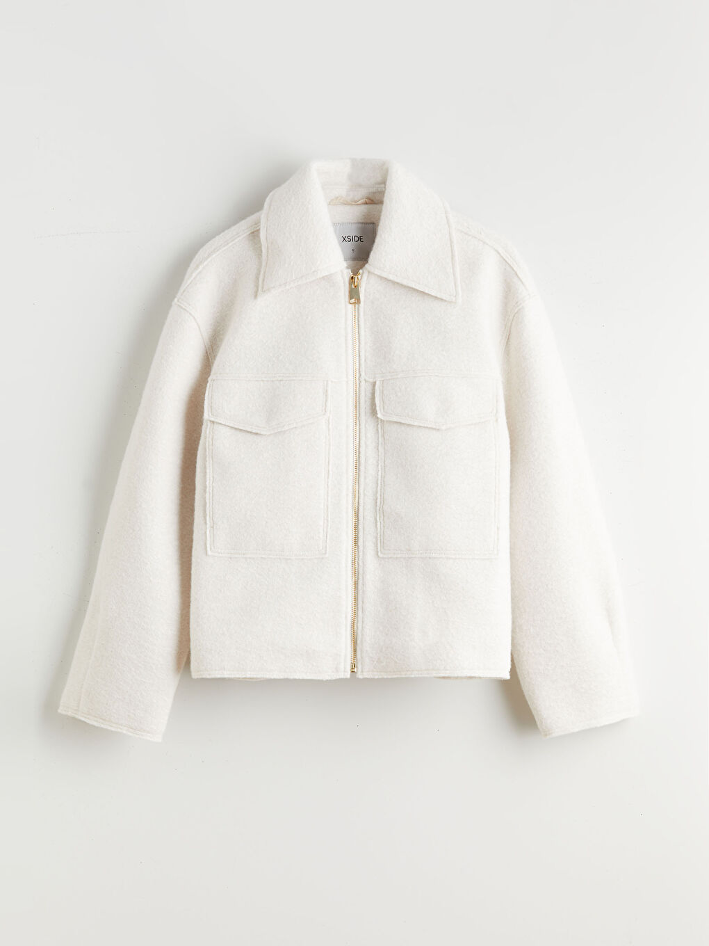 Ekru Gömlek Yaka Kadın Kaşe Ceket-5