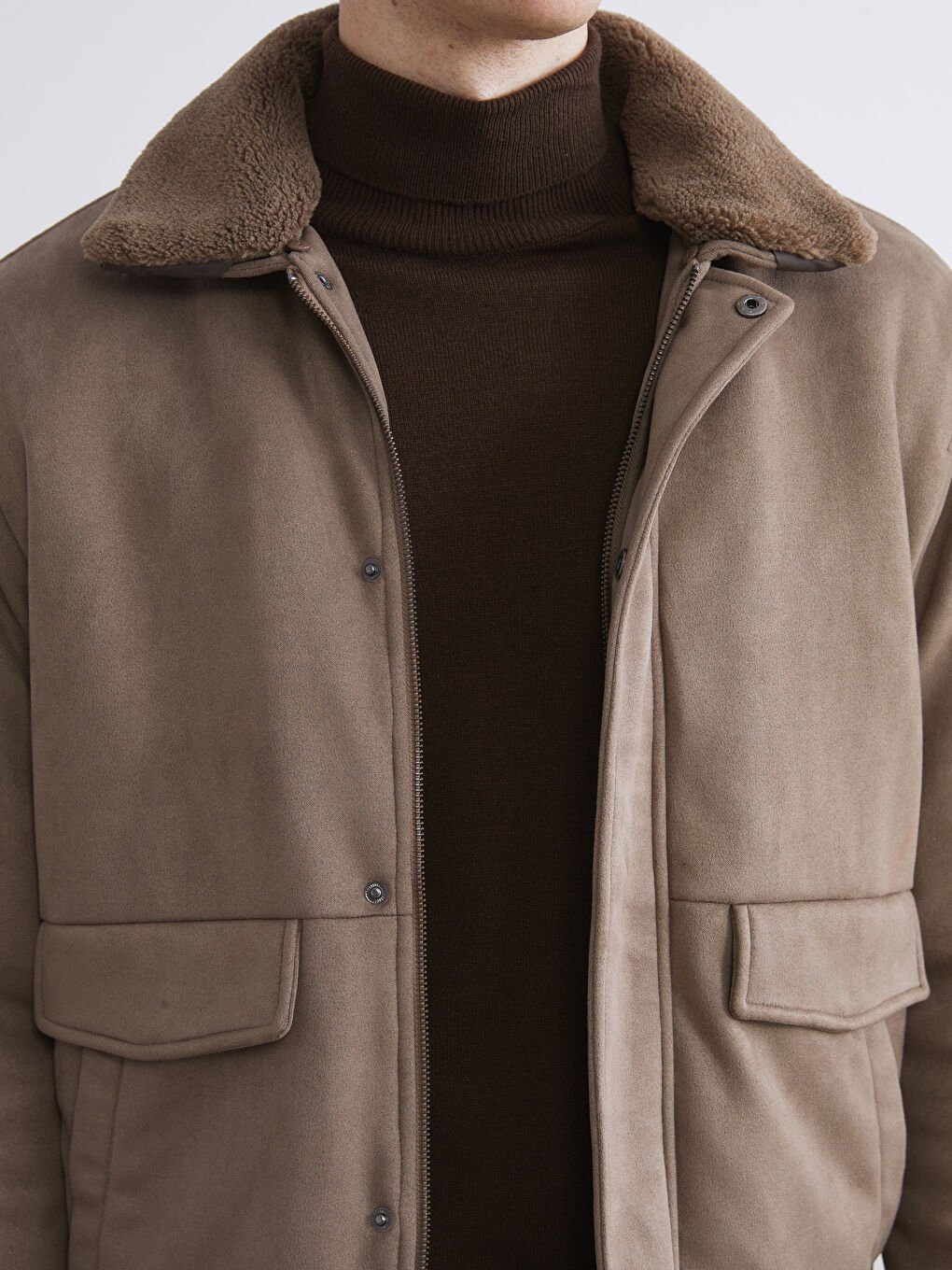Bej Standart Kalıp Kürk Yaka Süet Erkek Mont-2