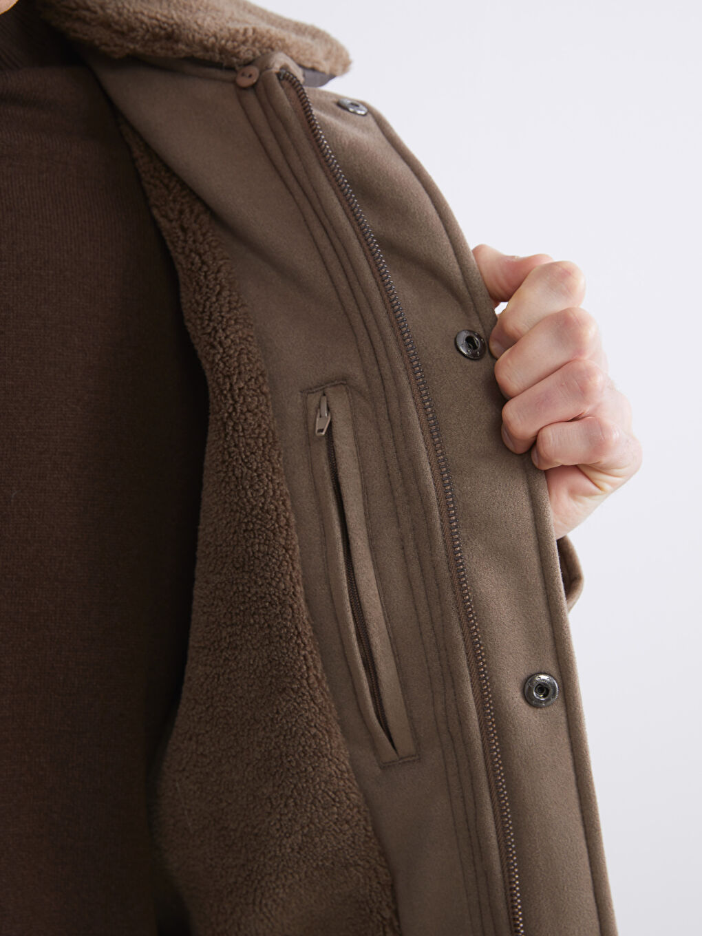 Bej Standart Kalıp Kürk Yaka Süet Erkek Mont-4