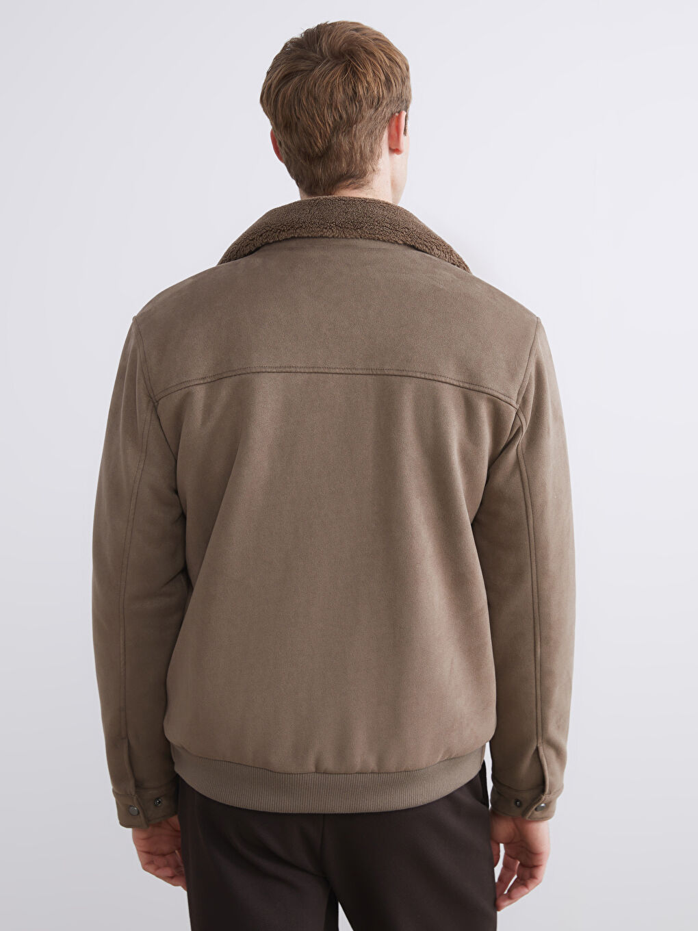 Bej Standart Kalıp Kürk Yaka Süet Erkek Mont-5