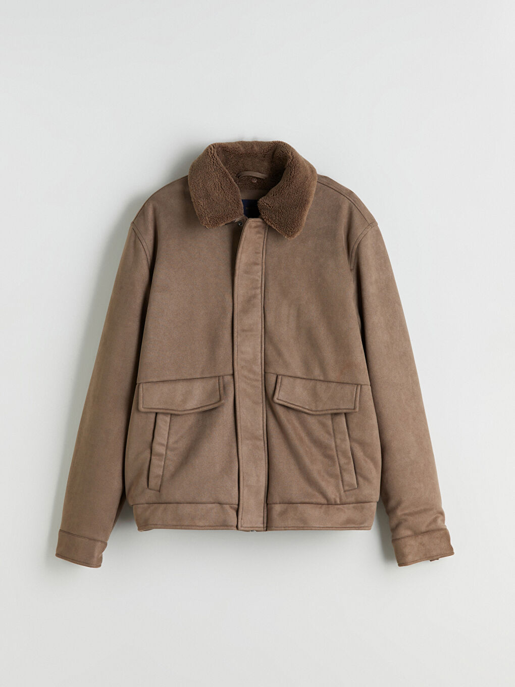 Bej Standart Kalıp Kürk Yaka Süet Erkek Mont-6