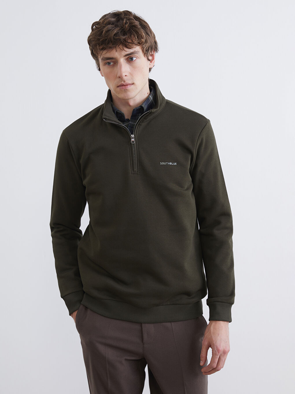 Haki Dik Yaka Erkek Kalın Sweatshirt