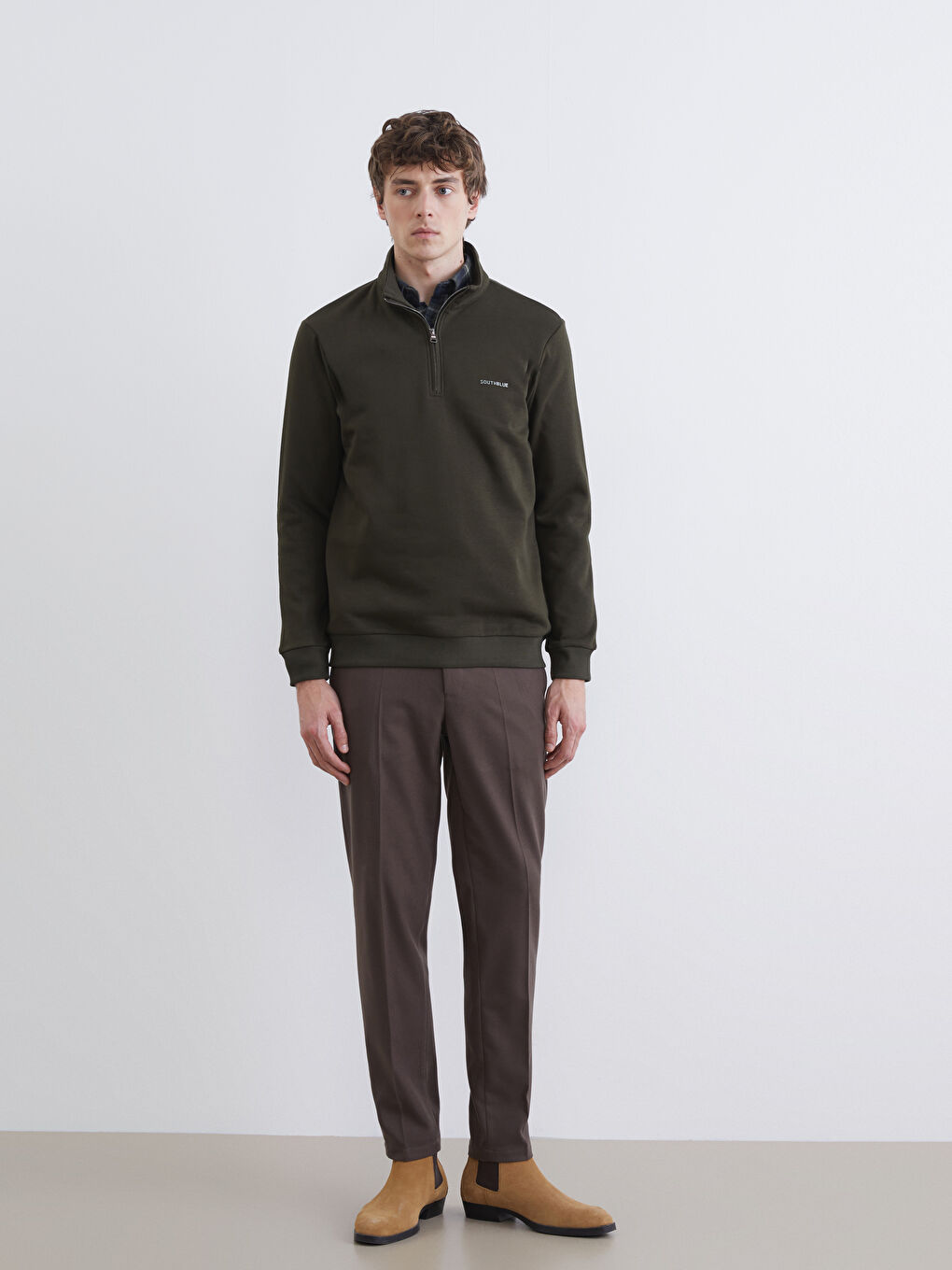 Haki Dik Yaka Erkek Kalın Sweatshirt-1