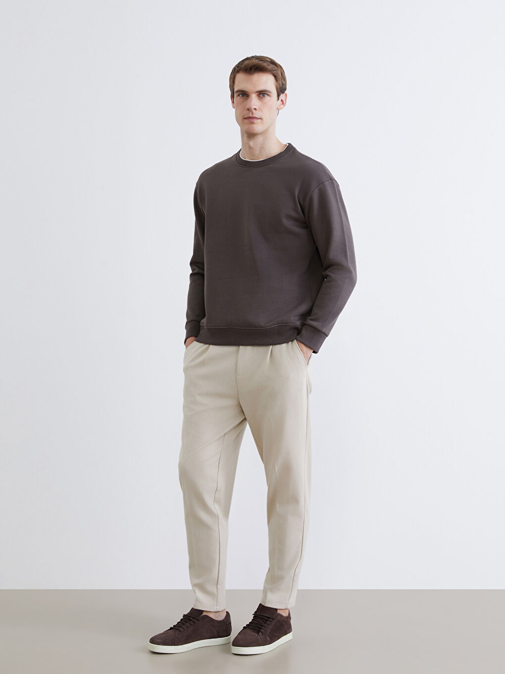 Kahverengi Bisiklet Yaka Erkek Kalın Sweatshirt-1