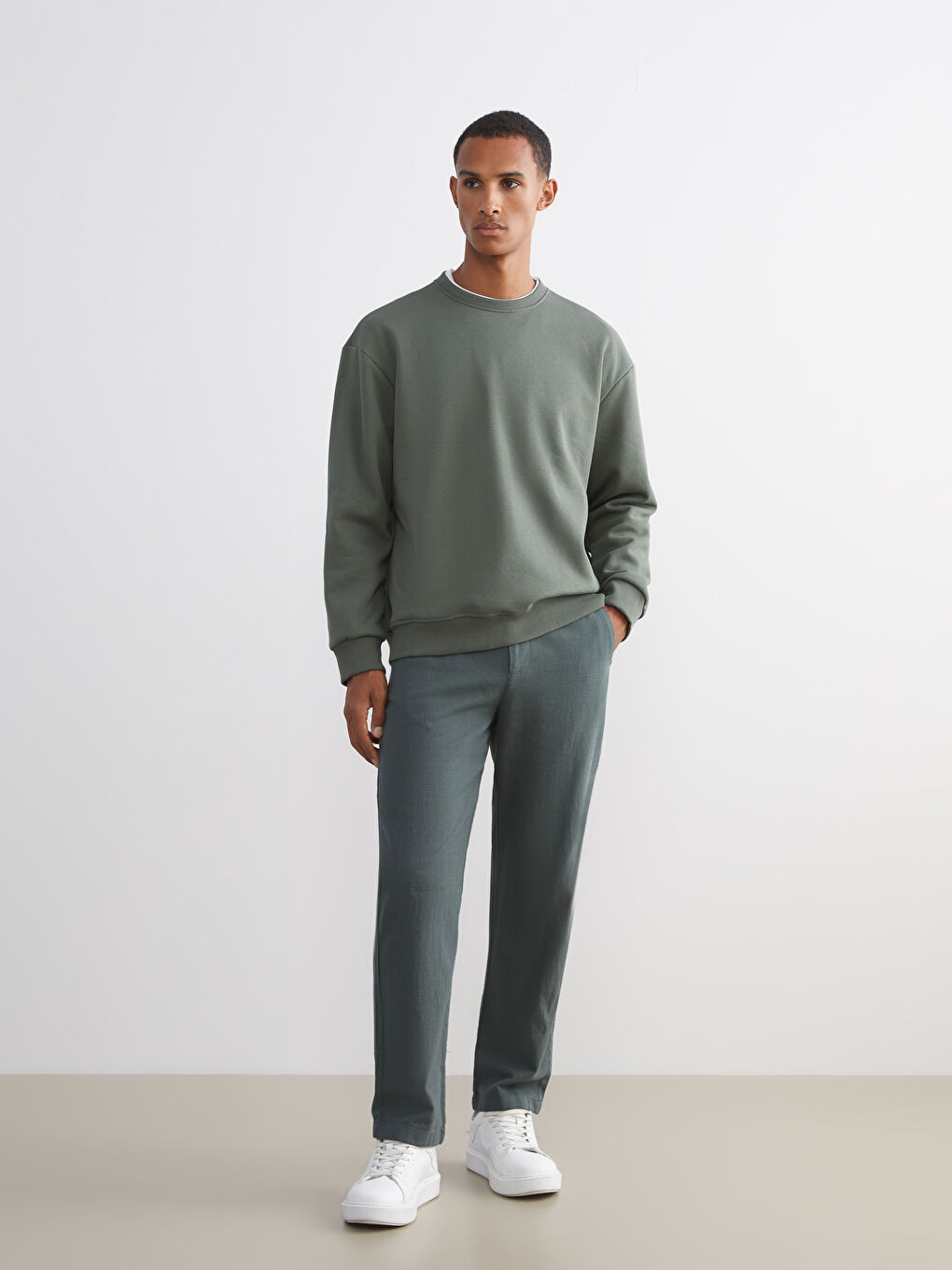 Yeşil Bisiklet Yaka Erkek Kalın Sweatshirt-1