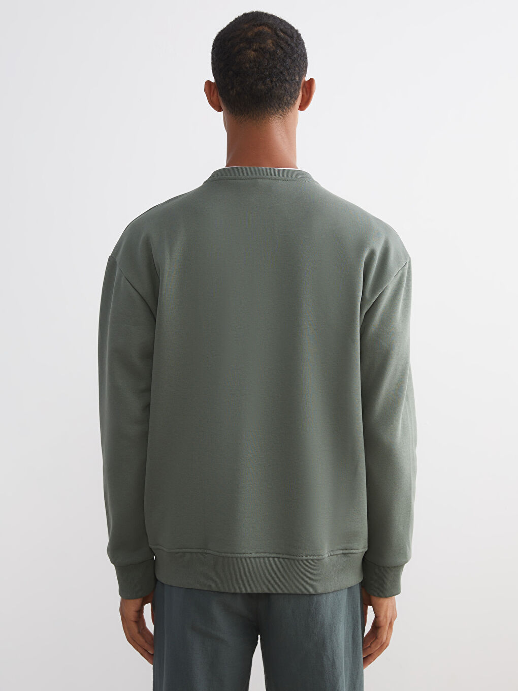 Yeşil Bisiklet Yaka Erkek Kalın Sweatshirt-3