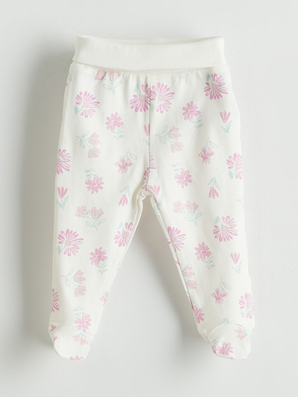 Ekru Beli Lastikli Çiçekli Kız Bebek Pantolon