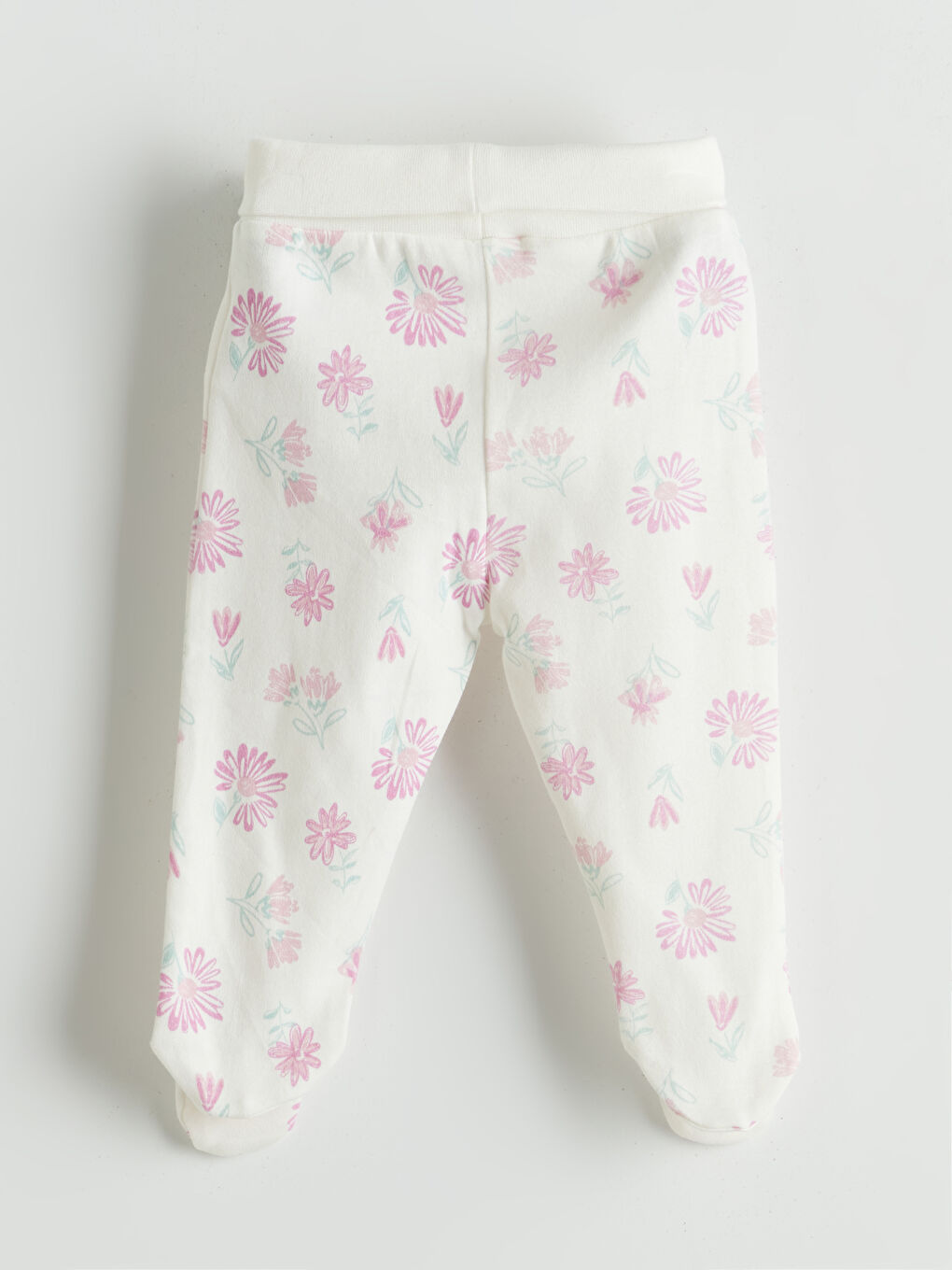 Ekru Beli Lastikli Çiçekli Kız Bebek Pantolon-1