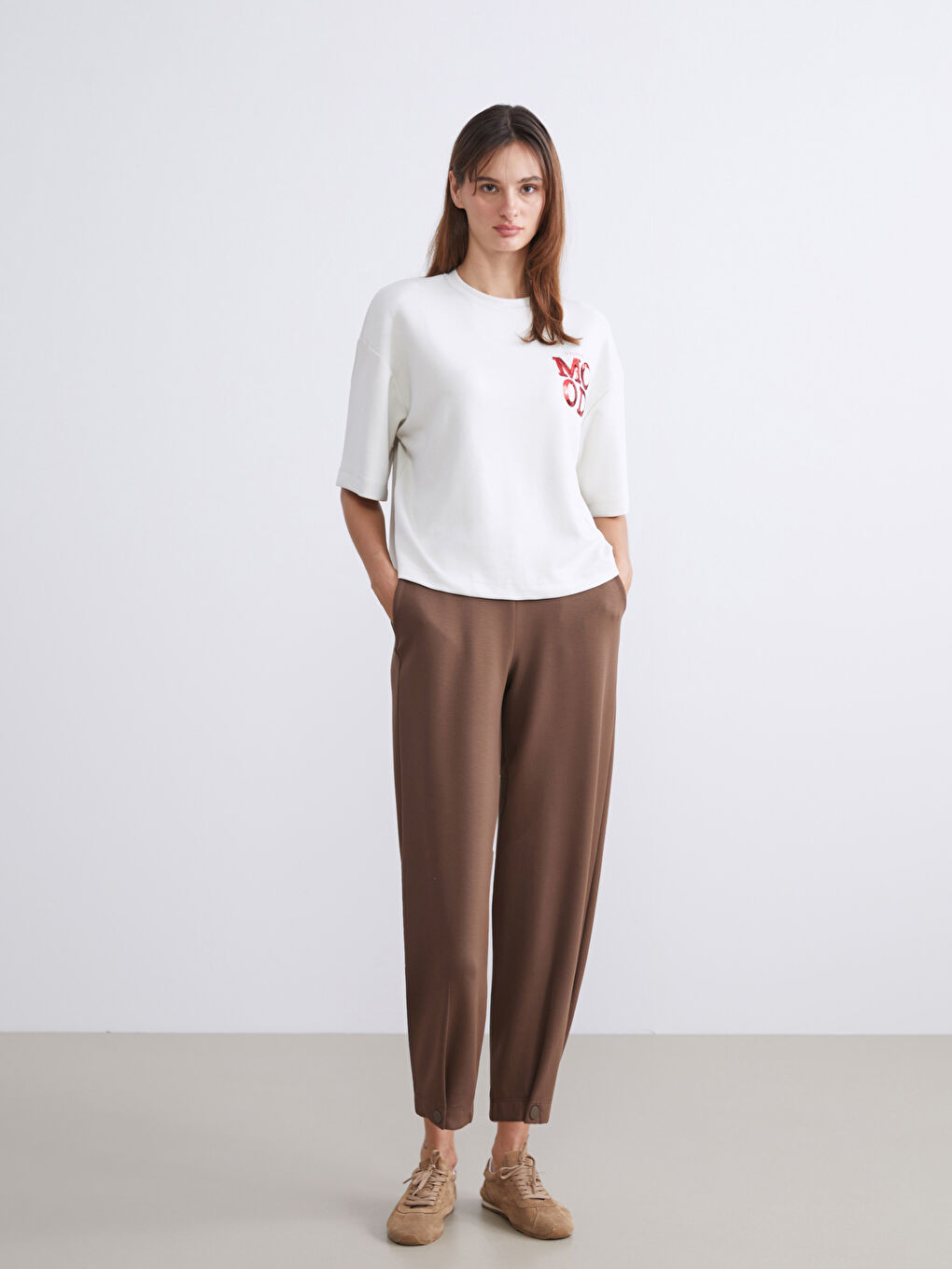 Kahverengi Beli Lastikli Kadın Eşofman Altı-1