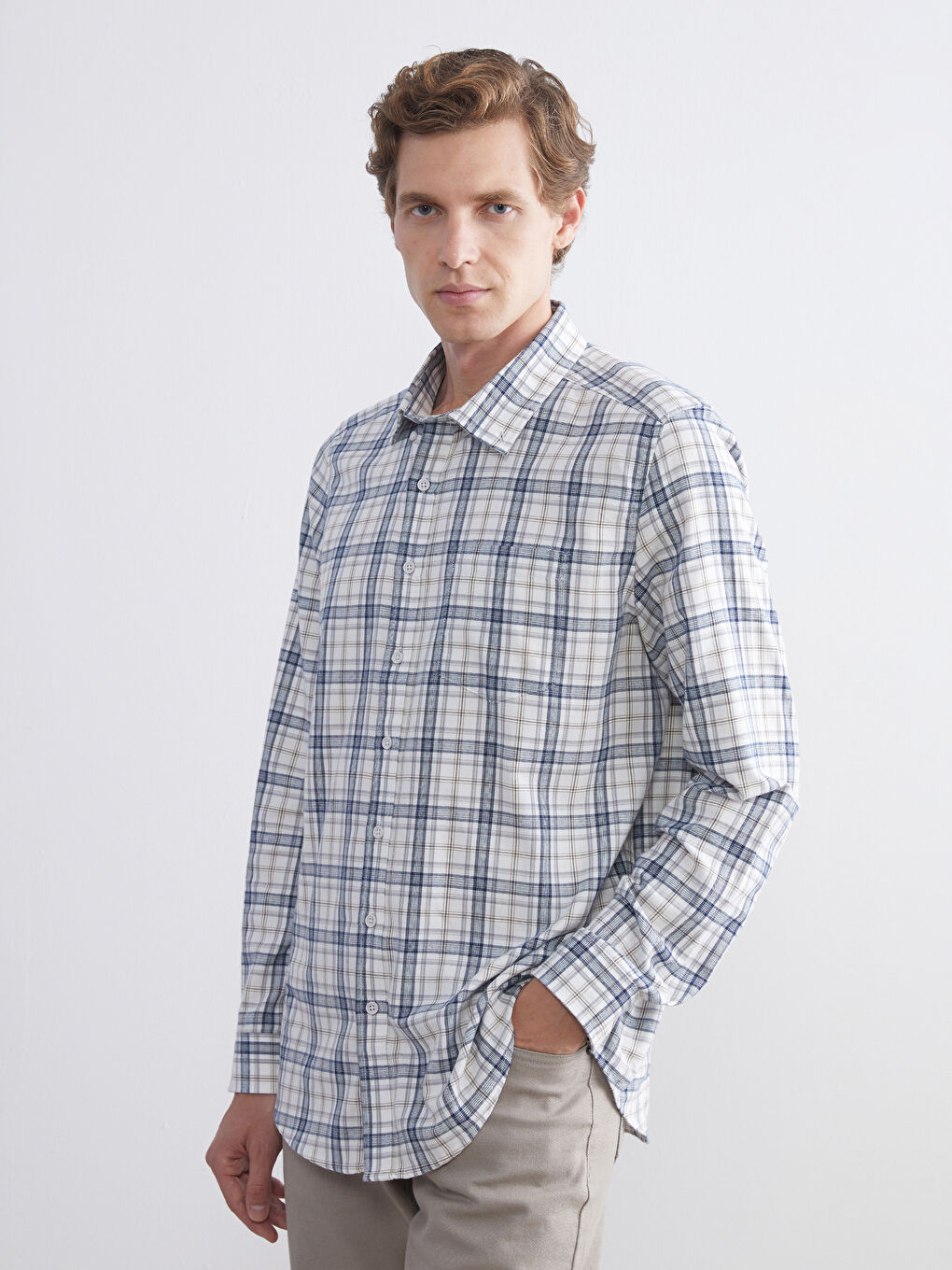 Regular Fit Long Sleeve Plaid Men's Shirt-1