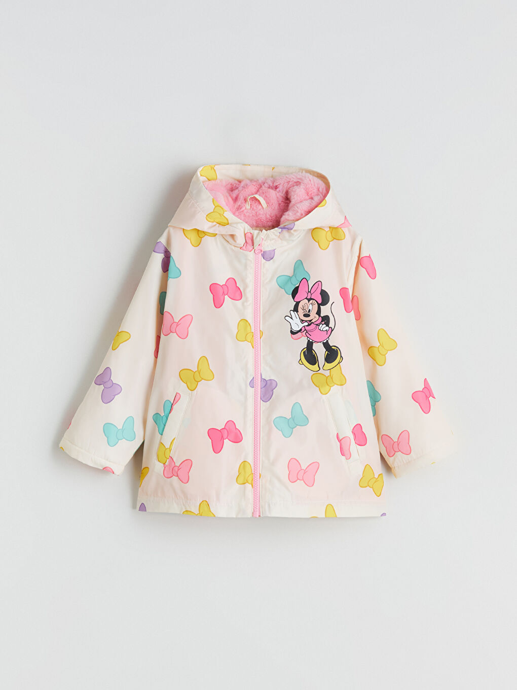 Ekru Kapüşonlu Minnie Mouse Baskılı Kız Çocuk Mont