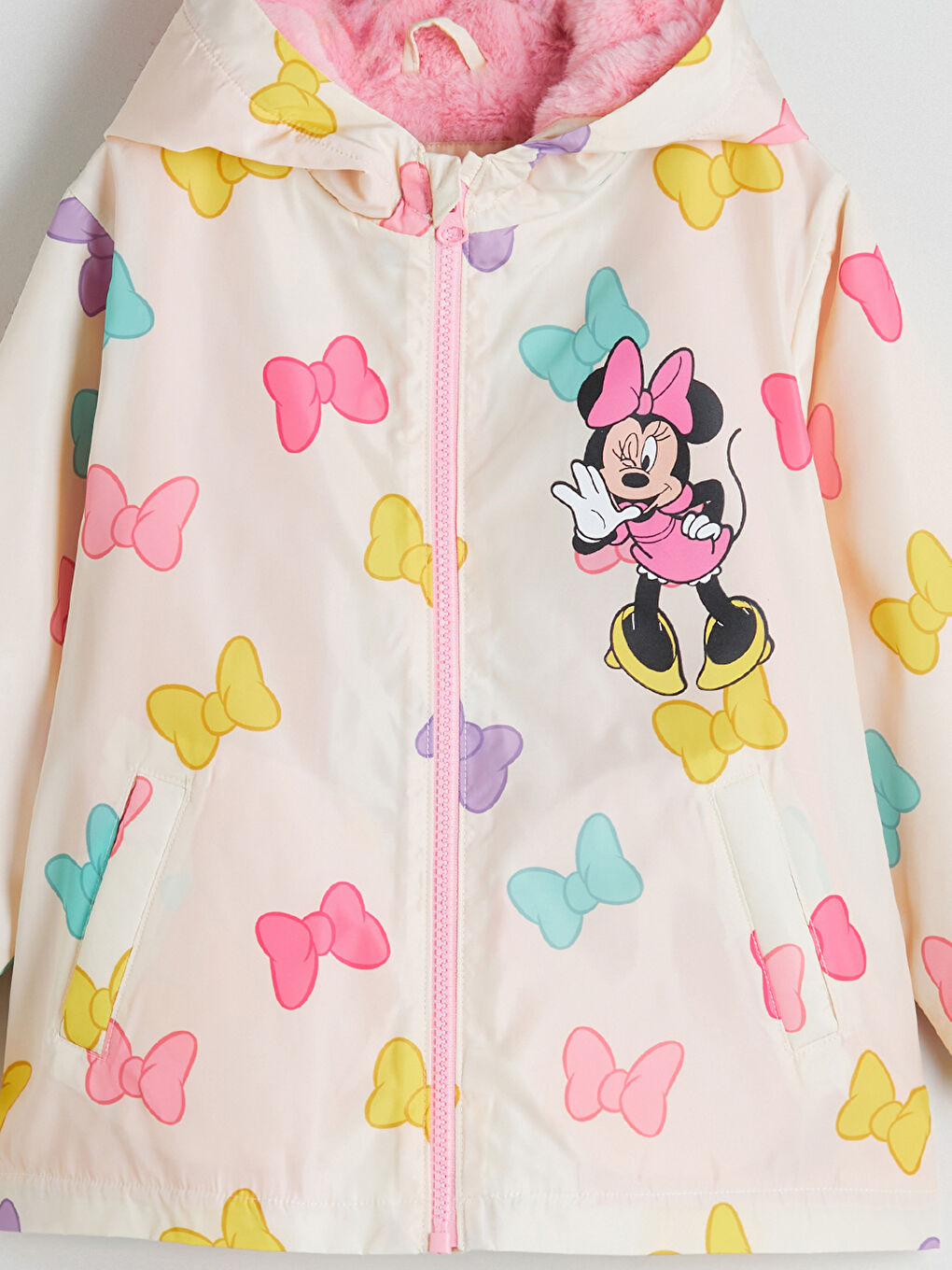 Ekru Kapüşonlu Minnie Mouse Baskılı Kız Çocuk Mont-1