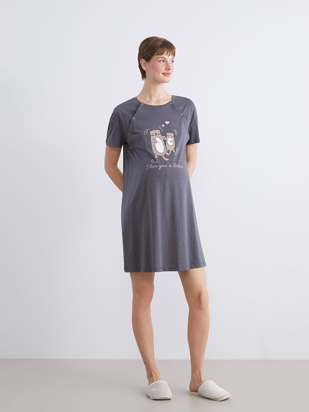 LCW DREAM Crew Neck Printed Maternity Nightdress -W55857Z8-JNL
