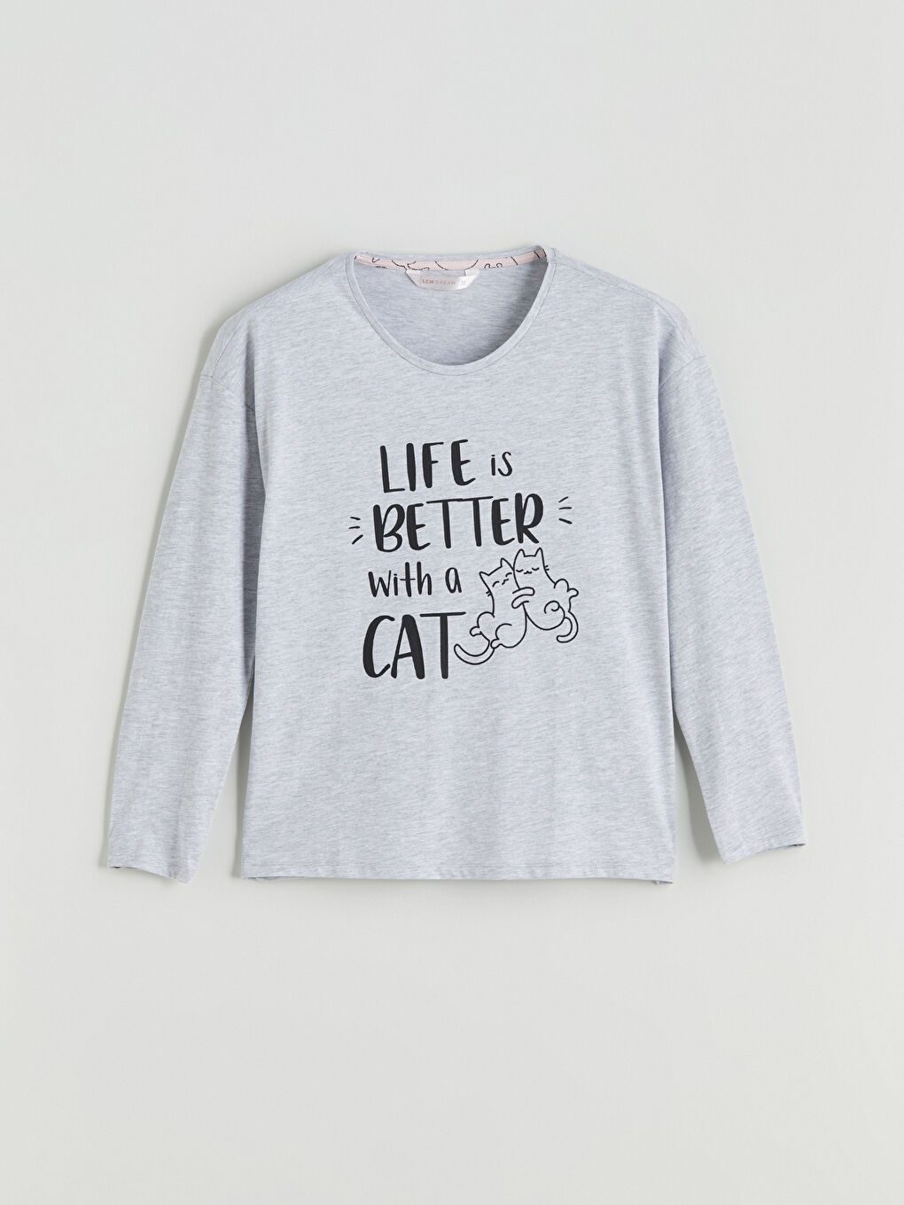 Gri Bisiklet Yaka Baskılı Kadın Pijama Üstü