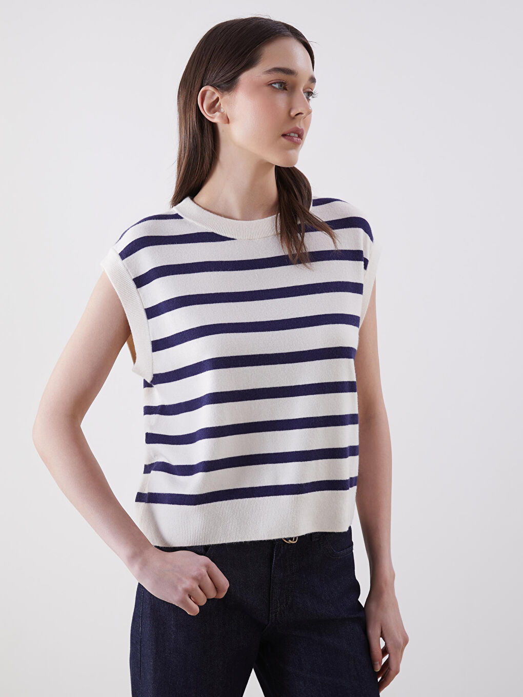 LCW Vision Crew Neck Striped Women's Knitwear Sweater Vest -W56040Z8-LGS
