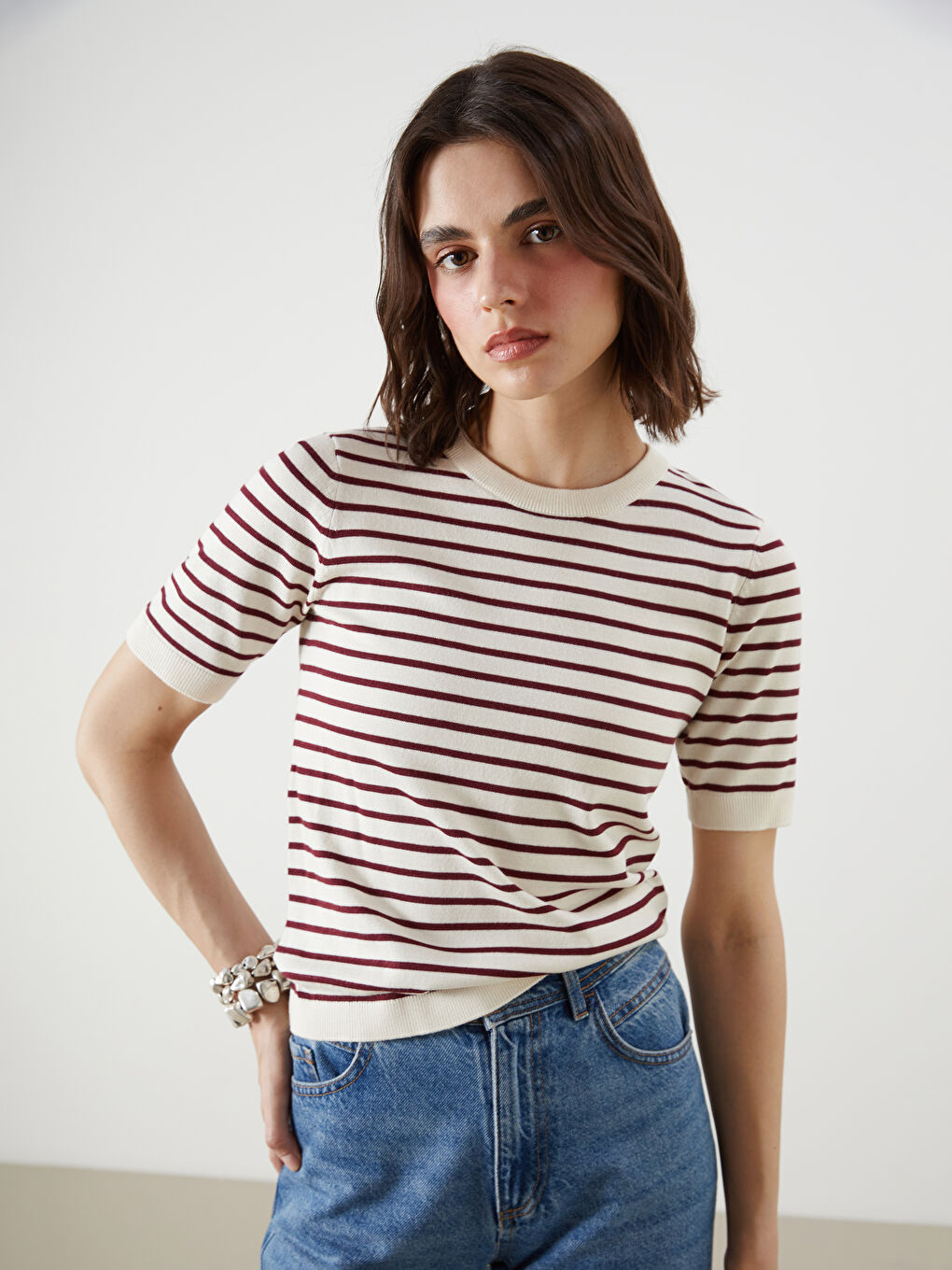 LCW Vision Crew Neck Striped Women's Knitwear Sweater -W56042Z8-LET