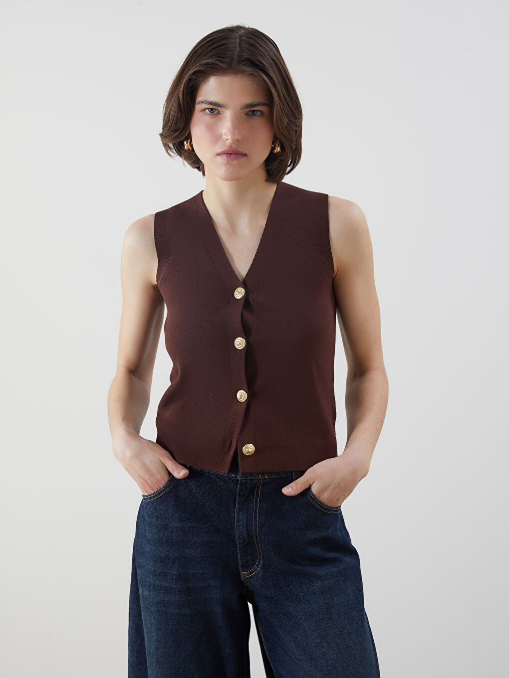 LCW Vision V Neck Women's Knitwear Waistcoat -W56050Z8-L0C