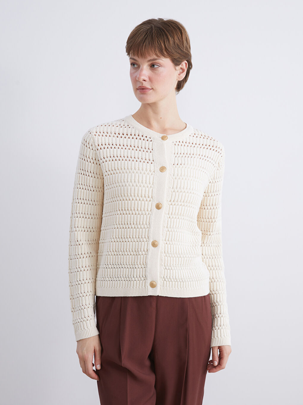 Crew Neck Hole-Knitted Women's Knitwear Cardigan
