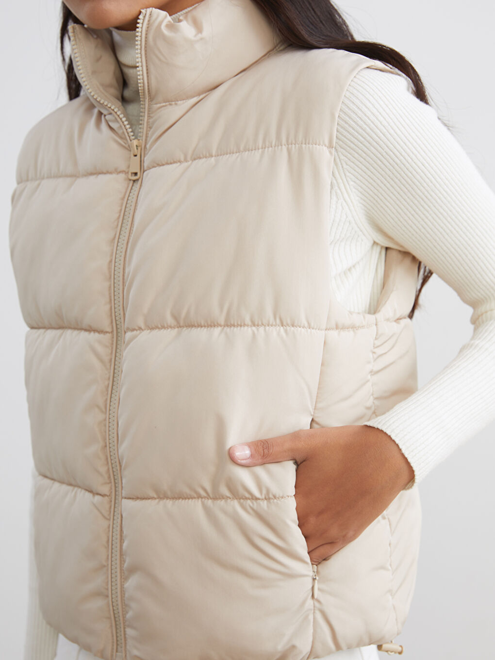 Bej Dik Yaka Kadın Şişme Yelek-2