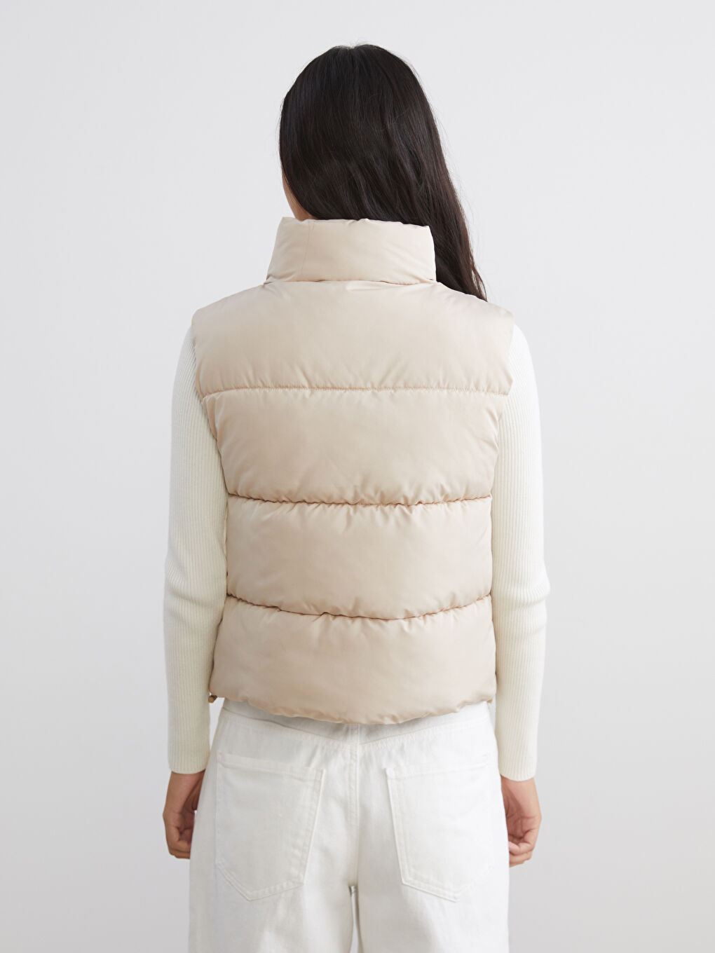 Bej Dik Yaka Kadın Şişme Yelek-4