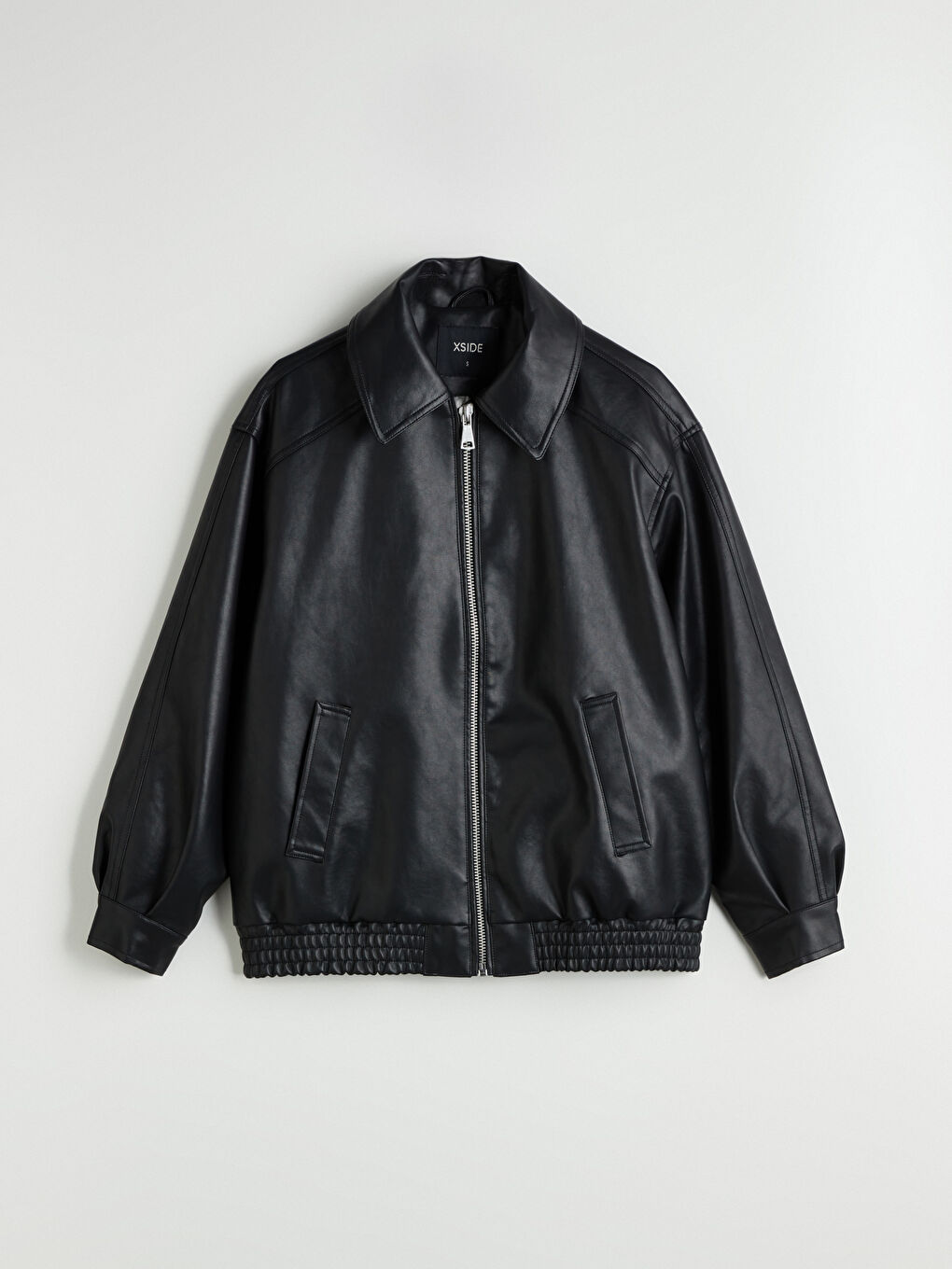 Siyah Gömlek Yaka Oversize Kadın Deri Görünümlü Ceket-5