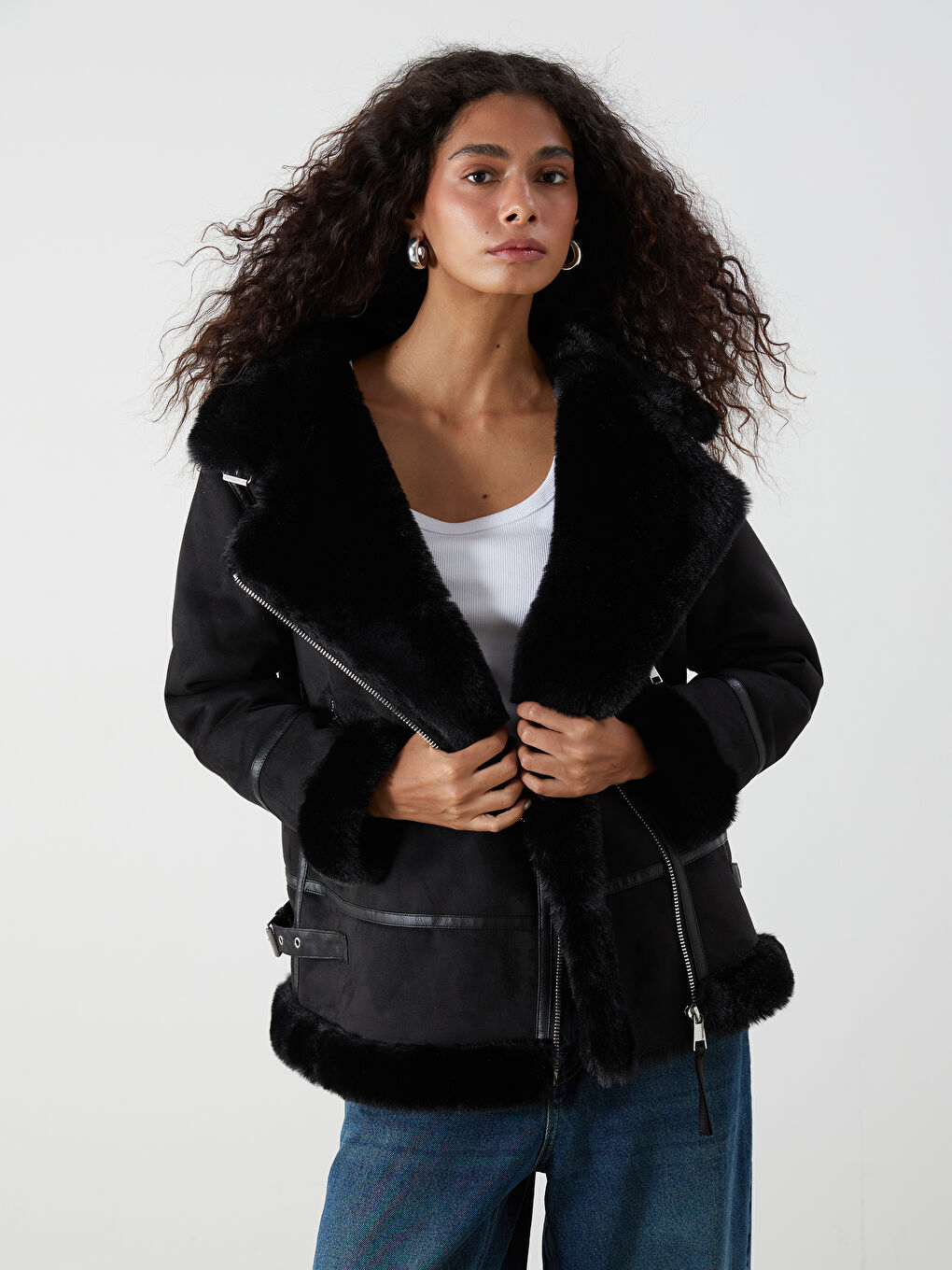 XSIDE Biker Neck Women's Faux Suede Coat -W56103Z8-CVL