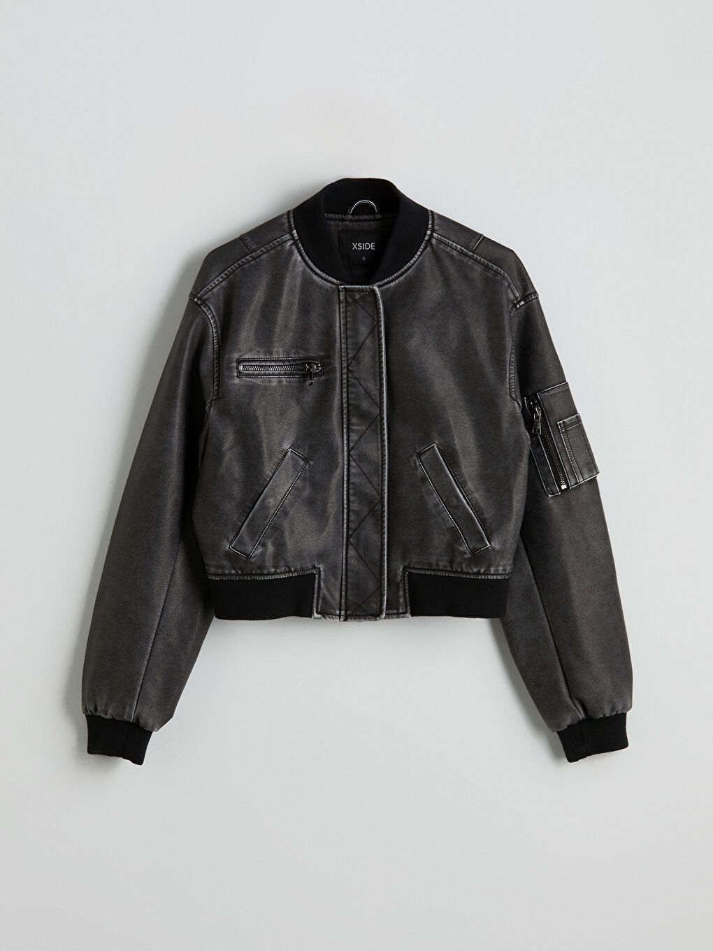 Siyah Kolej Yaka Kadın Deri Görünümlü Ceket-5